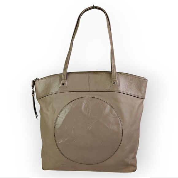 COACH BEIGE CC LOGO GENUINE LEATHER LARGE TOTE SHOULDER BAG HANDBAG PURSE BOHO - Picture 2 of 12